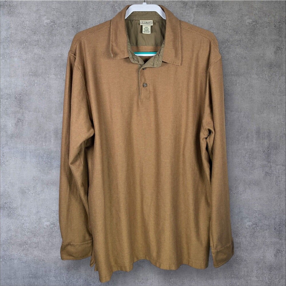 VTG LL Bean Rugby Polo Shirt Mens XL Tall Brown Herringbone Long Sleeve Classic